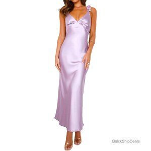 Satin Spaghetti Strap V-Neck Midi Dress, Backless Formal Wedding Guest